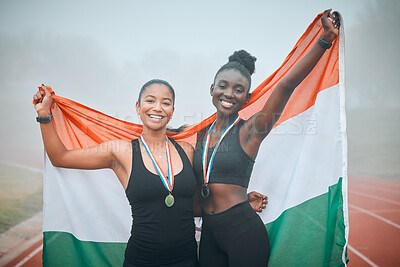 Buy stock photo Winner portrait, flag and track sports team celebrate, excited and patriot winning contest, field competition or race. Country pride, teamwork achievement and athlete celebration for runner success
