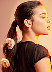 Hair, beauty and profile of woman with flower for natural cosmetics, luxury salon and makeup. Creative aesthetic, skincare and girl with flowers for spa, hairstyle and glowing skin in neon studio