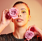 Makeup, beauty and portrait of woman with flower for natural cosmetics, luxury art and eyeshadow. Creative aesthetic, skincare and girl face with rose for spa, facial and glowing skin in neon studio