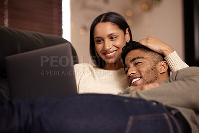 Buy stock photo Love, hug and couple with laptop on sofa relax with social media, movies or streaming film at home together. Happy, smile and people in living room with show, video or bond in a house for staycation