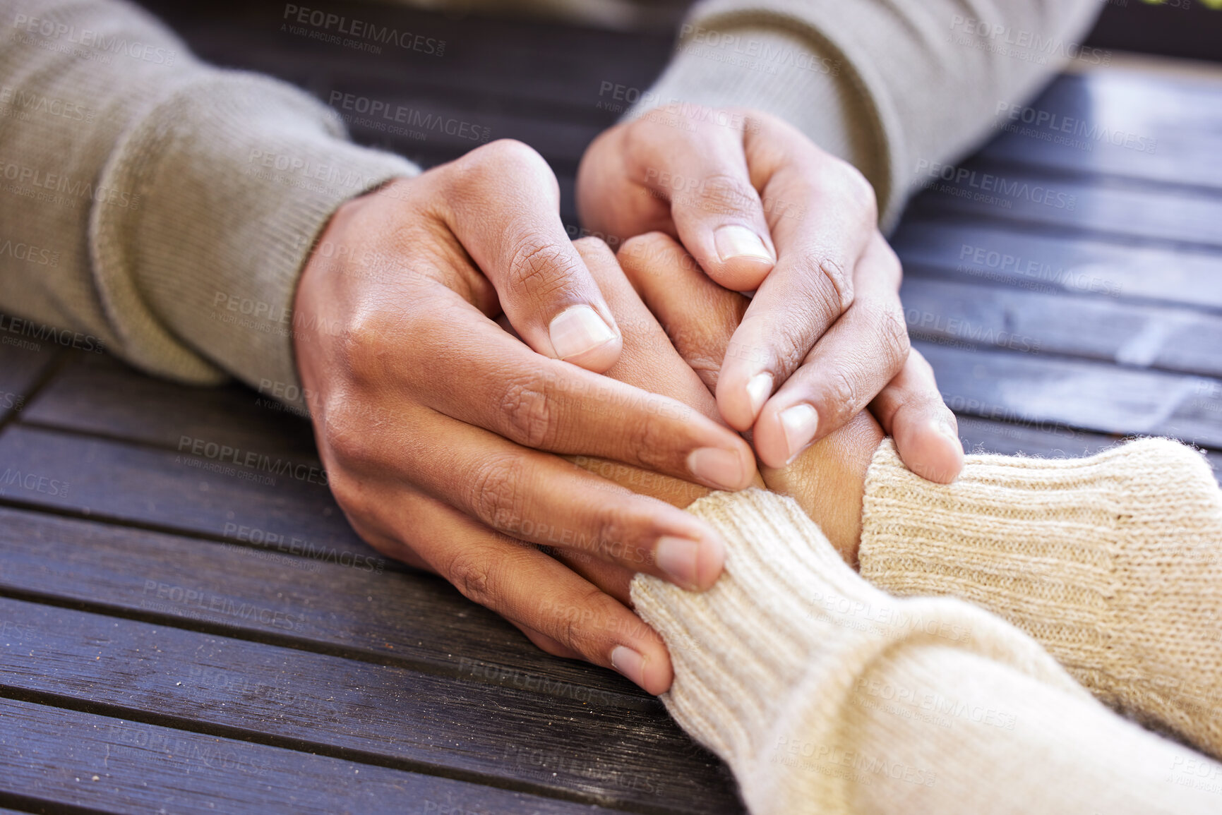 Buy stock photo Zoom, empathy and couple holding hands outdoor with help, support and hope in crisis. Closeup, kindness and people in solidarity at a table with love, trust and comfort from depression and anxiety