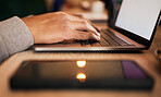 Hands, laptop and a businessman in the office at night for work on an overtime report with a deadline. Computer, keyboard and typing with an employee closeup at a workplace desk in the evening