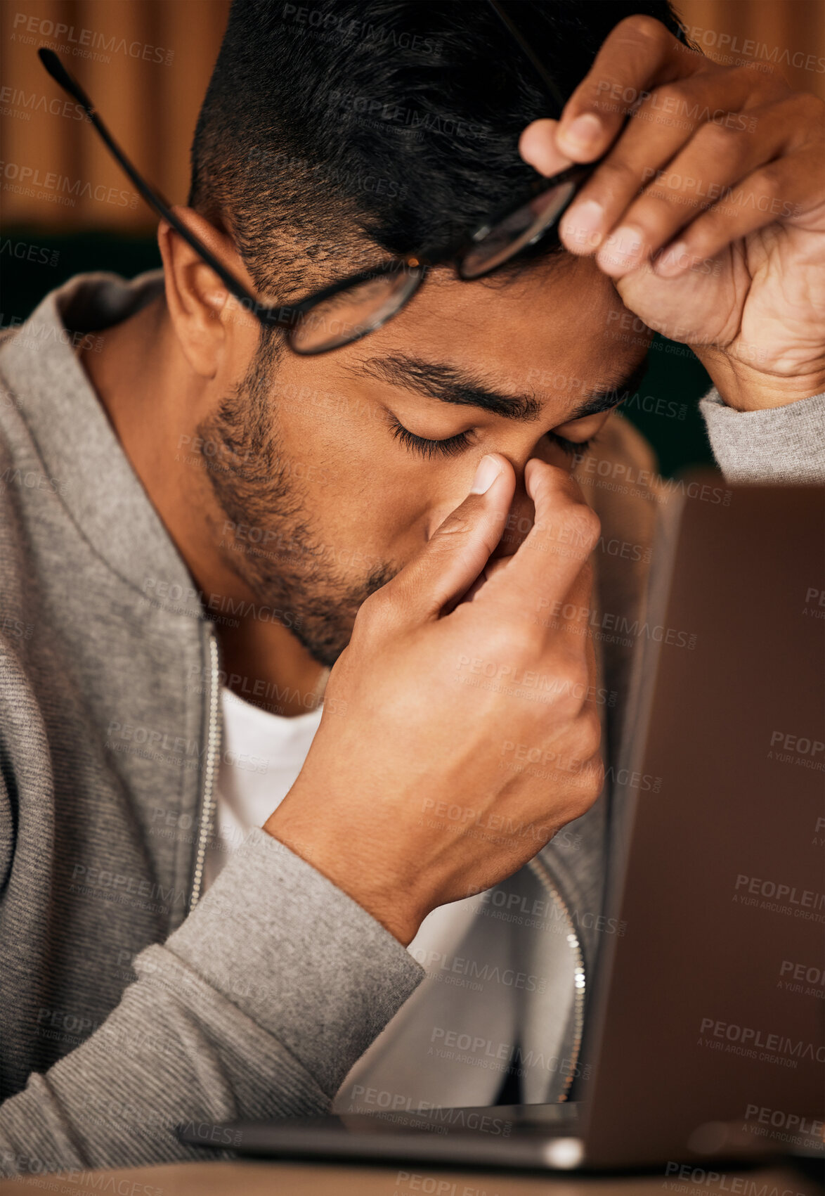 Buy stock photo Remote work, stress and man at a cafe with eye strain, headache and glasses, laptop or overwhelmed. Freelance, anxiety and male entrepreneur online at restaurant with deadline fail, mistake or glitch