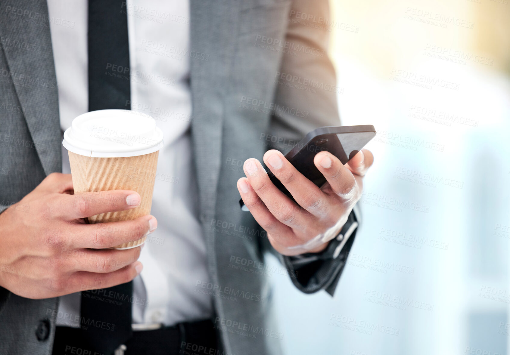 Buy stock photo Businessman, coffee and smartphone with hands for communication on client feedback and lunch break with technology. Professional, person and email on phone with read text, social media and networking