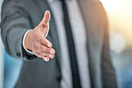 Businessman, handshake and meeting in deal, b2b or partnership for teamwork or hiring at office. Closeup of man or employee shaking hands for agreement, greeting or introduction in job or recruiting