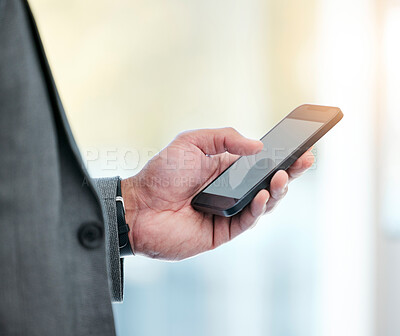 Buy stock photo Businessman, phone and hands typing on mockup for social media, communication or networking at office. Closeup of man or employee on mobile smartphone display for online texting, chatting or research