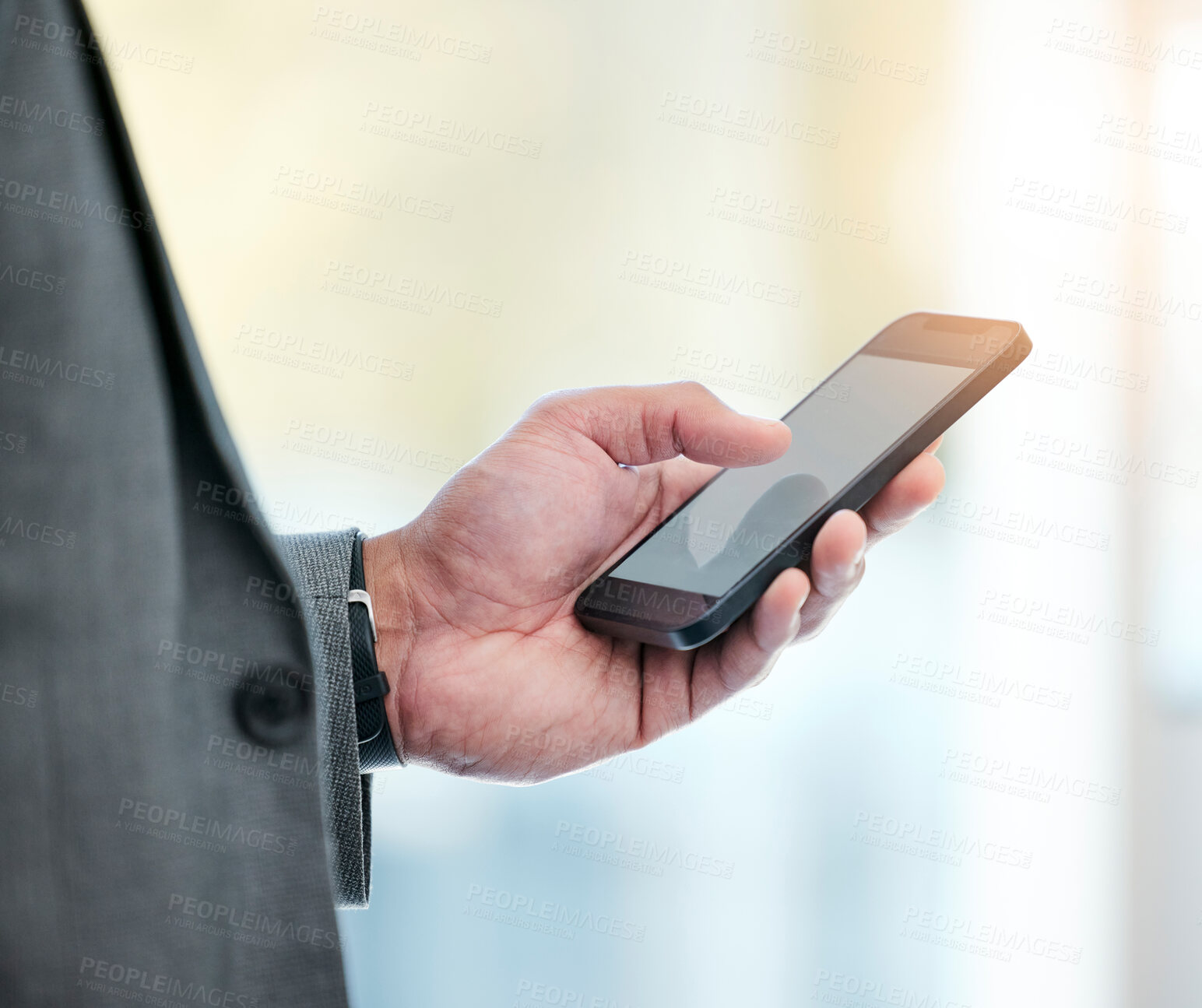 Buy stock photo Businessman, phone and hands typing on mockup for social media, communication or networking at office. Closeup of man or employee on mobile smartphone display for online texting, chatting or research