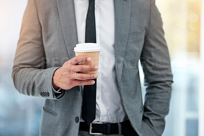 Buy stock photo Closeup, business and man with coffee, takeaway and consultant with espresso, latte and energy for job. Person, hand and employee with morning tea, agent and entrepreneur with cappuccino and worker