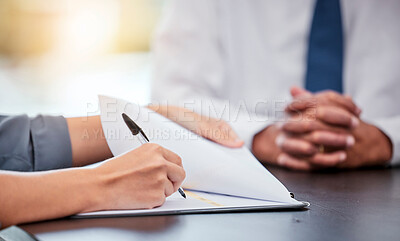 Buy stock photo People, lawyer or hands with signature on documents for legal agreement, mortgage application or policy. Financial advisor, person or pen and paperwork for life insurance, loan contract or deal offer