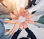 Hands, solidarity circle and business people together in support, team building collaboration or colleague trust. Top view, corporate group meeting and agency cooperation, synergy or project teamwork