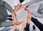 Hands, solidarity circle and professional people together in support, team building connection or colleague trust. Top view, corporate group meeting and community cooperation, synergy and commitment
