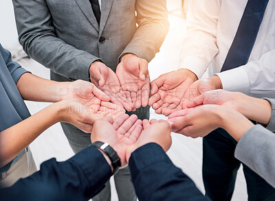 Buy stock photo Hands, circle and collaboration in solidarity, business and support in project, community and trust. Together, people and teamwork in workplace, motivation and hope for future, company and growth