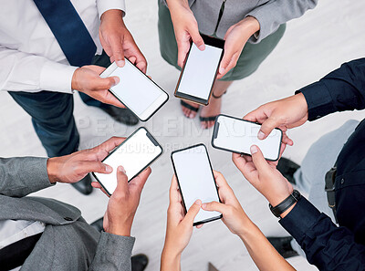 Buy stock photo Business people, hands and phone in circle with mockup for networking, communication or collaboration. Contact, connectivity and team with smartphone, mobile app or internet search with web space.
