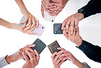 Business people, hands and phone in circle from below for networking, communication or collaboration. Contact, connectivity and team with smartphone, mobile app or internet search with technology.