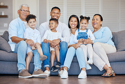 Buy stock photo Portrait, home and family on a couch, relax and cheerful with love, weekend break and generations. Grandparents, mother or father with children, kids and rest with joy, calm and happiness in a lounge