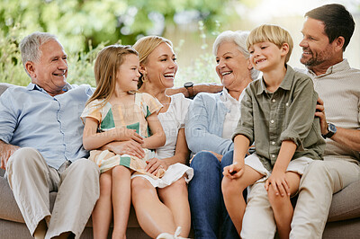Buy stock photo Love, smile and a big family on a sofa in the living room of their home together during a visit. Happy, trust or support with young children, parents and grandparents bonding in an apartment