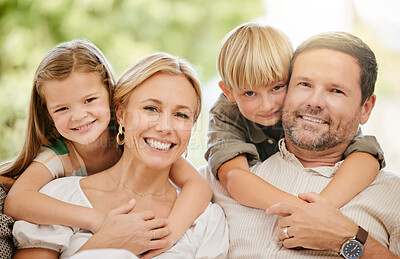 Buy stock photo Family, smile and hug on couch, portrait and bonding at home, fun and embrace for love. Parents and children, connection and security in relationship, happy and care or relaxing, living room and sofa
