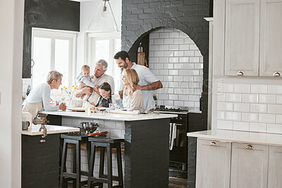 Buy stock photo Happy big family, kitchen and cooking in home, bonding and having fun. Love, care and grandparents, mother and father, baby and girl learning baking and enjoying quality time together in family home.