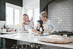 Grandmother, mother and girl baking in kitchen having fun, bonding and spend quality time together. Family, love and grandma and mom teaching child how to cook, bake and develop chef skills at home