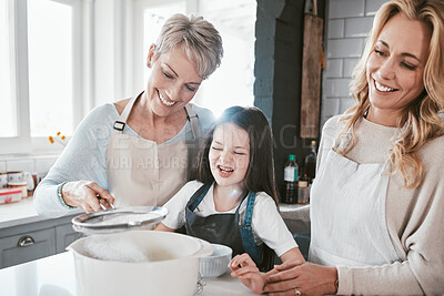Buy stock photo Family, grandmother and child cooking together in kitchen for learning, fun or quality time bonding. Generations, grandma teaching kid and mother support happy kid chef for love in family home