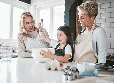 Buy stock photo Mom, grandma and child baking in kitchen, happy generations of family teaching and learning in home. Love, support and home cooking together, happy girl with mother and grandmother bonding with food.