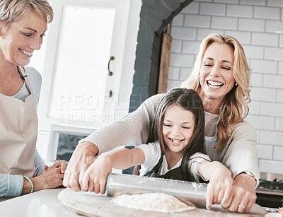 Buy stock photo Mother, grandmother and child cooking and baking with rolling pin for pastry, pie or pizza together in family kitchen. Woman, senior and girl helping and learning about food, being a chef or baker