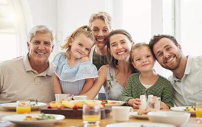 Buy stock photo Breakfast, family and portrait with parents, kid and happy grandparent together in a home. Love, support and care on a dining room with a smile and food with bonding in the morning with fruit