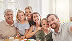 Parents, grandparents and children with selfie, dinner and portrait for memory, happy and together in family home. Men, women and kids with food, profile picture or memory with love on social media