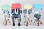 Business people, chair or speech bubble for recruitment, hiring or about us in a waiting room. Job interview, news or group with banner, mockup or behind advertising space for social media feedback