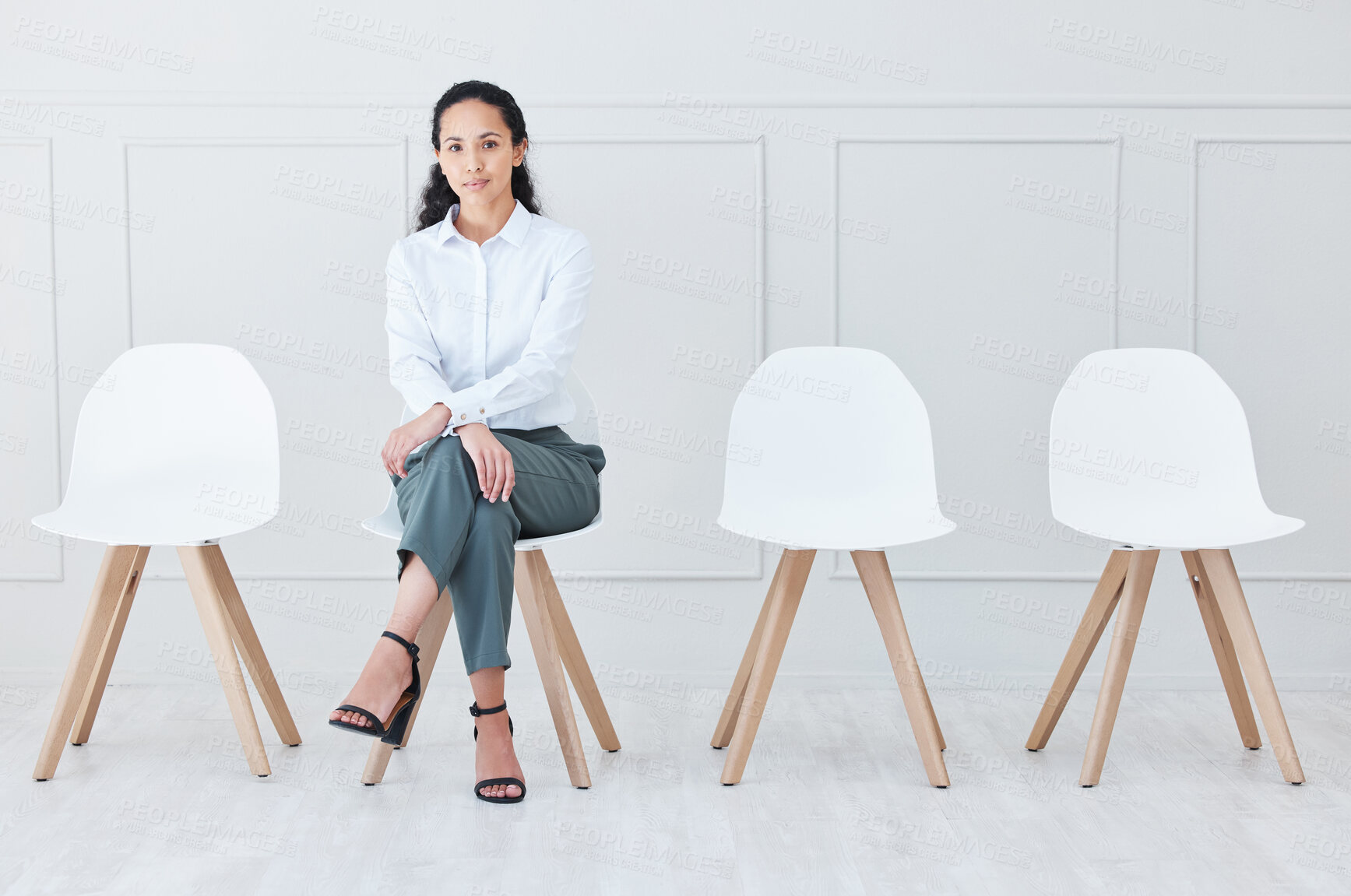 Buy stock photo Waiting room, job interview and portrait of woman with confidence, mindset or attitude. Human Resources, office or applicant ready for business, opportunity or we are hiring, recruitment or meeting