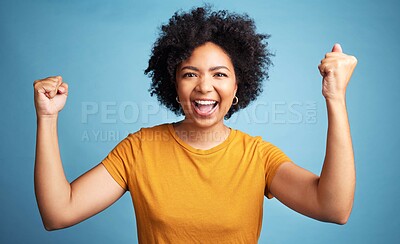 Buy stock photo Winner portrait, yes and woman isolated on blue background in winning, success and news or college opportunity. Celebrate, fist or power of african person or excited student energy or goals in studio