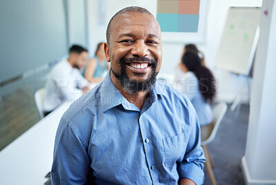 Buy stock photo Meeting, teamwork and portrait of business black man for conversation, collaboration and discussion. Corporate, company and face of person with staff for leadership, planning and project feedback