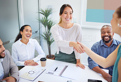 Buy stock photo Business people, handshake and finance meeting in team for promotion, onboarding or welcome to company. Asian woman, shaking hands or happy for congratulations, hiring or thank you with deal in group