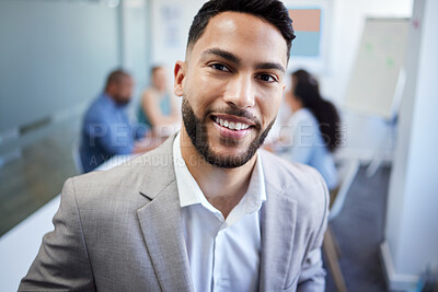 Buy stock photo Portrait, business and man with a smile, employee and consultant with confidence, accountant and office. Face, person and agent in a workplace, meeting and teamwork with an agency, happy and worker