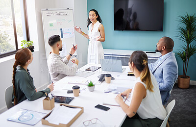 Buy stock photo Presentation whiteboard, group meeting or corporate woman speech, brainstorming and team learning business strategy. Collaboration proposal, economy plan or leader consulting with professional people