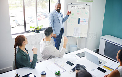 Buy stock photo Coach, training and black man with presentation in meeting for strategy and progress in startup. Teaching, business growth and boss planning with staff for profit in economy with analysis or numbers