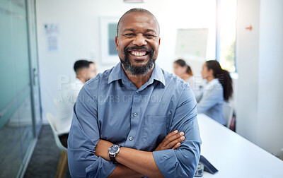 Buy stock photo Crossed arms, meeting and portrait of business black man for conversation, collaboration and discussion. Corporate office, professional and happy person with staff for teamwork, planning and feedback