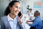 Happy woman, phone call and meeting for business communication, discussion or networking at office. Face of female person or employee smile talking on mobile smartphone for conversation at workplace