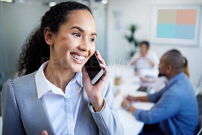 Buy stock photo Happy woman, phone call and meeting for business communication, discussion or networking at office. Face of female person or employee smile talking on mobile smartphone for conversation at workplace