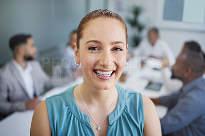 Buy stock photo Business, woman and portrait with smile in office for corporate meeting, collaboration or career. Professional, employee or face and happy with teamwork strategy, confidence or staff planning at work