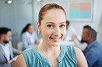 Business, woman and portrait with smile in office for corporate meeting, collaboration or career. Professional, employee or face and happy with teamwork strategy, confidence or staff planning at work