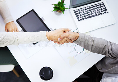 Buy stock photo Client meeting, top view people and hand shake for negotiation success, B2B deal or company acquisition. Business, welcome introduction and partner agreement, cooperation and handshake for promotion
