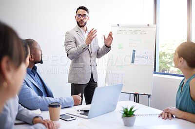 Buy stock photo Presentation whiteboard, business people meeting and man speech, report or teaching group, team or workshop. Strategy, management and corporate speaker explain project to listening professional staff