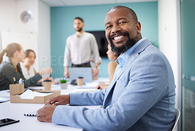 Buy stock photo Office, business meeting and portrait of black man for conversation, collaboration and discussion. Corporate, company and face of happy person with staff for teamwork, planning and project feedback