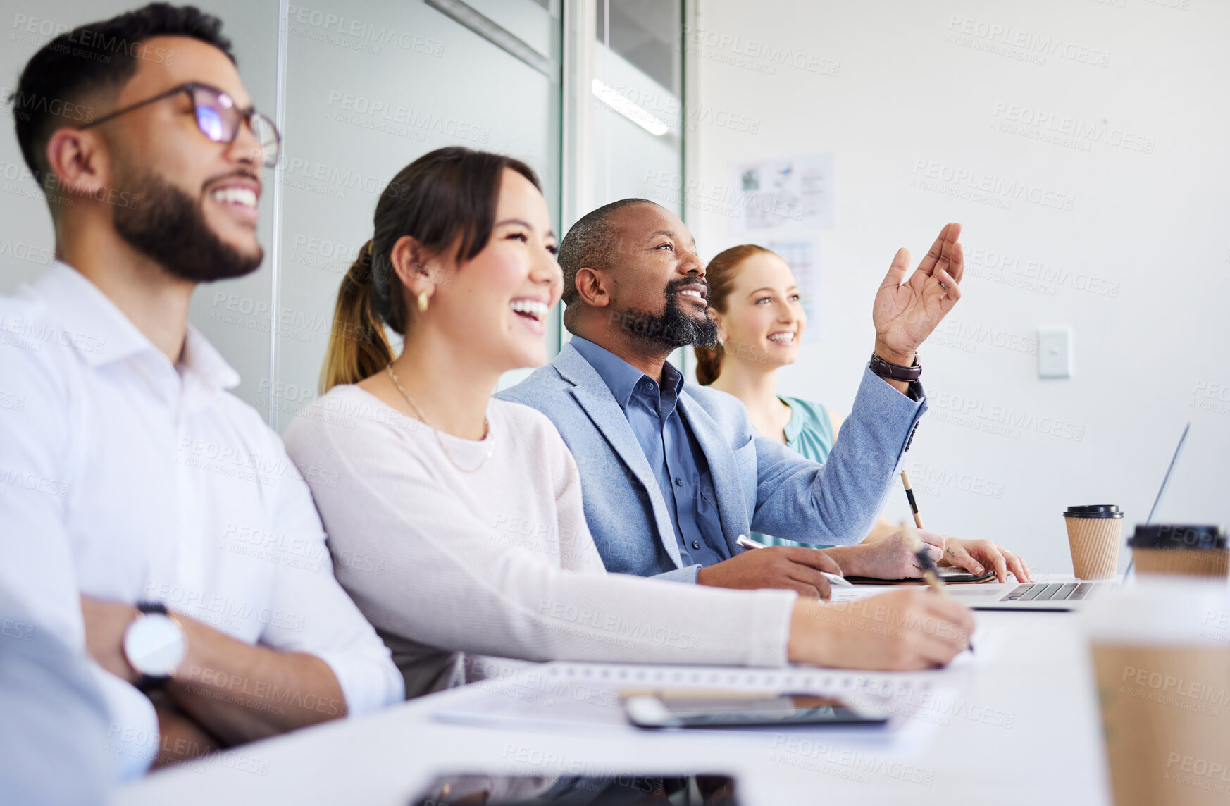 Buy stock photo Seminar row, happy business people and listening to project, financial investment or planning community strategy. Group, audience and employee engagement, discussion or asking questions at conference