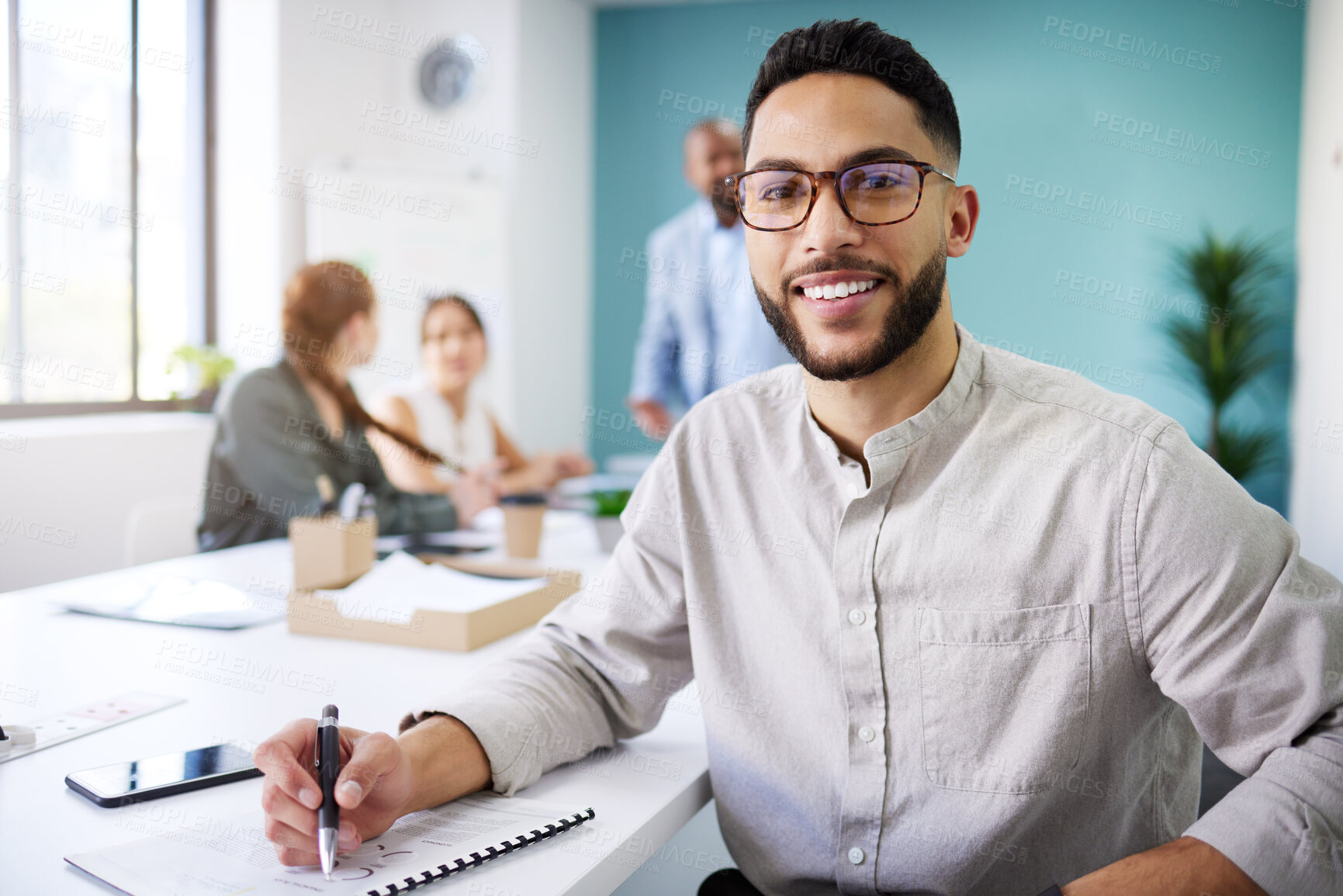 Buy stock photo Office, business meeting and portrait of man writing for planning, collaboration and discussion. Corporate, company and person with notebook for schedule, agenda and project feedback for teamwork