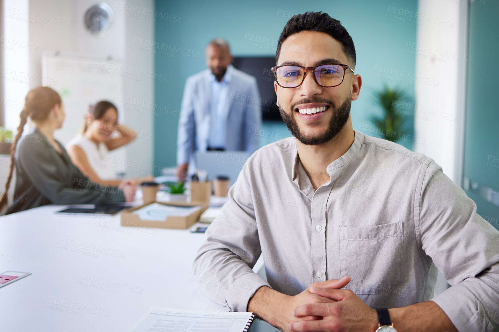 Buy stock photo Office, meeting and portrait of business man for conversation, collaboration and discussion. Corporate team, company and face of person with staff for brainstorming, planning and project feedback