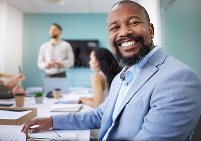 Buy stock photo Office, meeting and portrait of business black man for conversation, collaboration and discussion. Corporate, company and face of person with staff for brainstorming, planning and project feedback