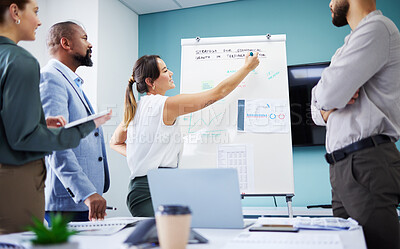 Buy stock photo Presentation, whiteboard and business people in office planning project in collaboration. Brainstorming, meeting and professional team working on economical growth chart, graph or data in workplace.