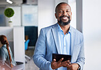 Happy black man, portrait and tablet in meeting for leadership, management or networking at office. Face of African businessman smile with technology for online research, teamwork or communication